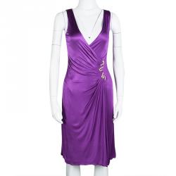 Pre Owned Roberto Cavalli Purple Knit Embellished Waist Detail Draped Sleeveless Dress S