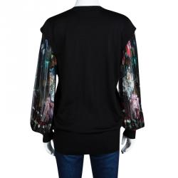 Pre Owned Roberto Cavalli Black Silk Knit Contrast Pleated Long Sleeve Detail Top L