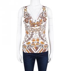 Pre Owned Roberto Cavalli Multicolor Printed Gold Ring Detail Sleeveless Gathered Top S