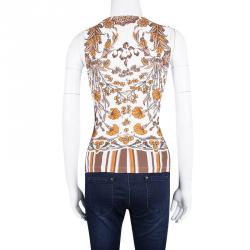 Pre Owned Roberto Cavalli Multicolor Printed Gold Ring Detail Sleeveless Gathered Top S