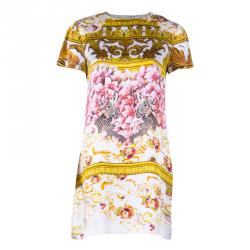 مملوكة مسبقًا فستان روبرتو كافالي مطبوع بأكمام قصيرة حرير واسع S