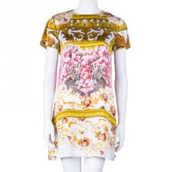 مملوكة مسبقًا فستان روبرتو كافالي مطبوع بأكمام قصيرة حرير واسع S