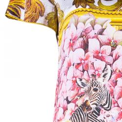 مملوكة مسبقًا فستان روبرتو كافالي مطبوع بأكمام قصيرة حرير واسع S