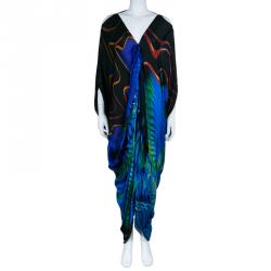 Pre Owned فستان روبرتو كافالي أسود مطبوع بكتف واحد ماكسي L