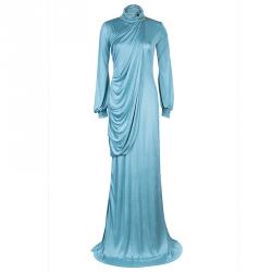 Pre Owned فستان روبرتو كافالي جيرسيه أزرق بدرابيه