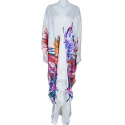 مملوكة مسبقًا قفطان روبرتو كافالي منقوش أبيض متعدد الألوان L