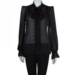 Pre Owned Roberto Cavalli Black Floral Applique Detail Silk Blouse M