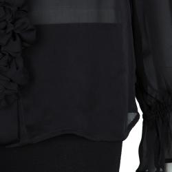 Pre Owned Roberto Cavalli Black Floral Applique Detail Silk Blouse M