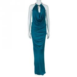 Pre Owned Roberto Cavalli Peacock Blue Knit Jewelled Snake Necklace Detail Evening Gown M