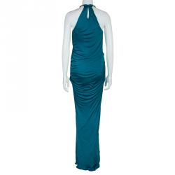 Pre Owned Roberto Cavalli Peacock Blue Knit Jewelled Snake Necklace Detail Evening Gown M