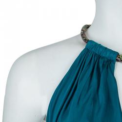 Pre Owned Roberto Cavalli Peacock Blue Knit Jewelled Snake Necklace Detail Evening Gown M