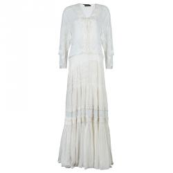 Pre Owned Roberto Cavalli Cream Printed Silk Lace Insert Tiered Maxi Dress S