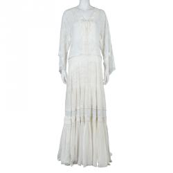 Pre Owned Roberto Cavalli Cream Printed Silk Lace Insert Tiered Maxi Dress S