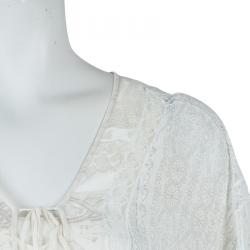 Pre Owned Roberto Cavalli Cream Printed Silk Lace Insert Tiered Maxi Dress S