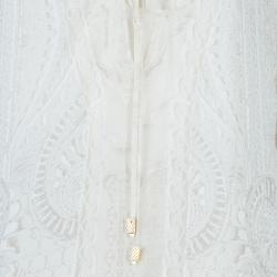 Pre Owned Roberto Cavalli Cream Printed Silk Lace Insert Tiered Maxi Dress S