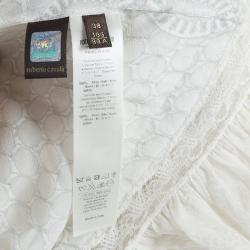 Pre Owned Roberto Cavalli Cream Printed Silk Lace Insert Tiered Maxi Dress S