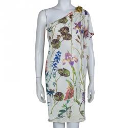 Pre Owned فستان روبرتو كافالي تريكو أبيض طباعة موردة بكتف واحد S