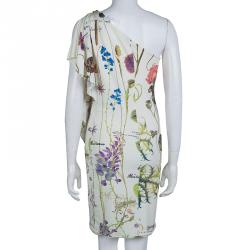 Pre Owned فستان روبرتو كافالي تريكو أبيض طباعة موردة بكتف واحد S