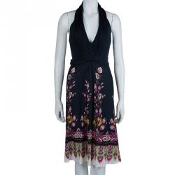 Pre Owned Roberto Cavalli Black Knit Floral Print Halter Dress S