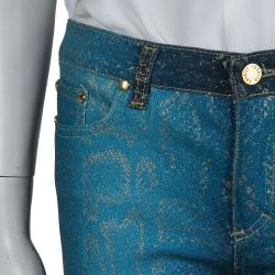 مملوكة مسبقًا بنطلون جينز روبرتو كافالي أزرق إليكتريك طباعة ثعبان براق بقصة بوت XS