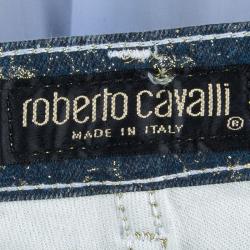 مملوكة مسبقًا بنطلون جينز روبرتو كافالي أزرق إليكتريك طباعة ثعبان براق بقصة بوت XS