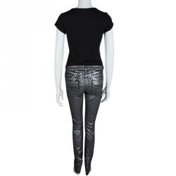 Pre Owned Roberto Cavalli Silver Metallic Finish Skinny Jeans M
