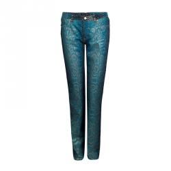 Pre Owned بنطلون جينز روبرتو كافالي أزرق إليكتريك طباعة نقشة الثعبان غليتر براق قصة بوت S