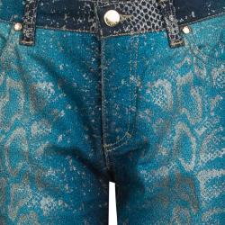 Pre Owned بنطلون جينز روبرتو كافالي أزرق إليكتريك طباعة نقشة الثعبان غليتر براق قصة بوت S