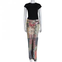 Pre Owned بنطلون جينز روبرتو كافالي طباعة باتشوورك متعدد الألوان بحزام وقصة بوت S