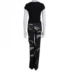 مملوكة مسبقًا بنطلون جينز روبرتو كافالي أسود طباعة نقشة الفهد غليتر براق قصة بوت S