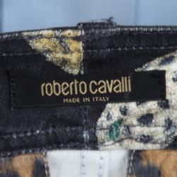 مملوكة مسبقًا بنطلون جينز روبرتو كافالي أسود طباعة نقشة الفهد غليتر براق قصة بوت S