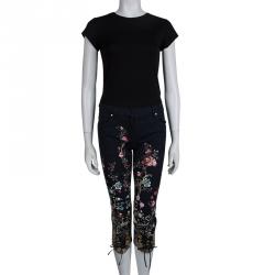 Pre Owned Roberto Cavalli Navy Blue Floral Print Tie Detail Capri Pants S