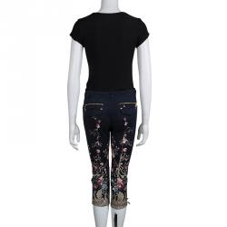 Pre Owned Roberto Cavalli Navy Blue Floral Print Tie Detail Capri Pants S