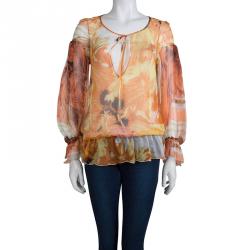 Pre Owned Roberto Cavalli Orange Printed Chiffon Sheer  Long Sleeve Blouse S