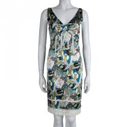 مملوكة مسبقًا فستان روبرتو كافالي بلا أكمام بدواخل دانتيل حرير منقوش متعدد الألوان S