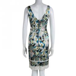 مملوكة مسبقًا فستان روبرتو كافالي بلا أكمام بدواخل دانتيل حرير منقوش متعدد الألوان S