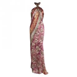 Pre Owned Roberto Cavalli Multicolor Silk Printed Halter Neck Maxi Dress M