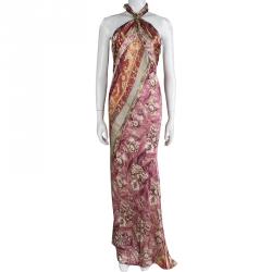 Pre Owned Roberto Cavalli Multicolor Silk Printed Halter Neck Maxi Dress M