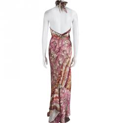 Pre Owned Roberto Cavalli Multicolor Silk Printed Halter Neck Maxi Dress M