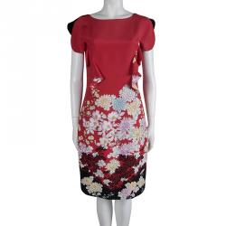 Pre Owned Roberto Cavalli Red Floral Printed Silk Ruffle Detail Dress M
