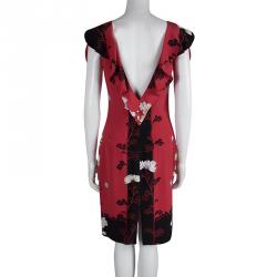 Pre Owned Roberto Cavalli Red Floral Printed Silk Ruffle Detail Dress M