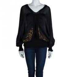 Pre Owned Roberto Cavalli Black Animal Print Long Sleeve Silk Blouse M