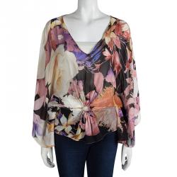 Pre Owned Roberto Cavalli Floral Printed Tie Detail Top M