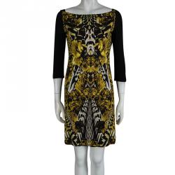 مملوكة مسبقًا فستان روبرتو كافالي أسود مطبوع بأكمام طويلة M