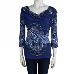 مملوكة مسبقًا Roberto Cavalli Blue Printed Draped Top M
