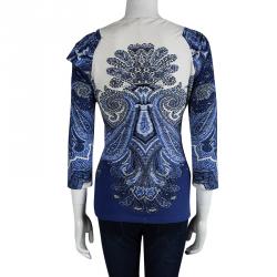 مملوكة مسبقًا Roberto Cavalli Blue Printed Draped Top M