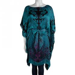 مملوكة مسبقًا Roberto Cavalli Blue Printed Silk Tie Detail Kaftan Tunic M