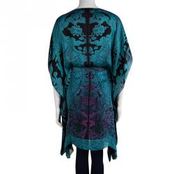 مملوكة مسبقًا Roberto Cavalli Blue Printed Silk Tie Detail Kaftan Tunic M