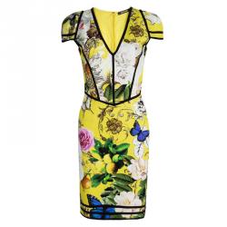 Pre Owned Roberto Cavalli Yellow Printed Cap Sleeve V- Neck Dress M