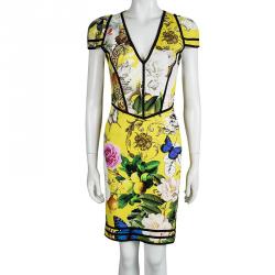 Pre Owned Roberto Cavalli Yellow Printed Cap Sleeve V- Neck Dress M